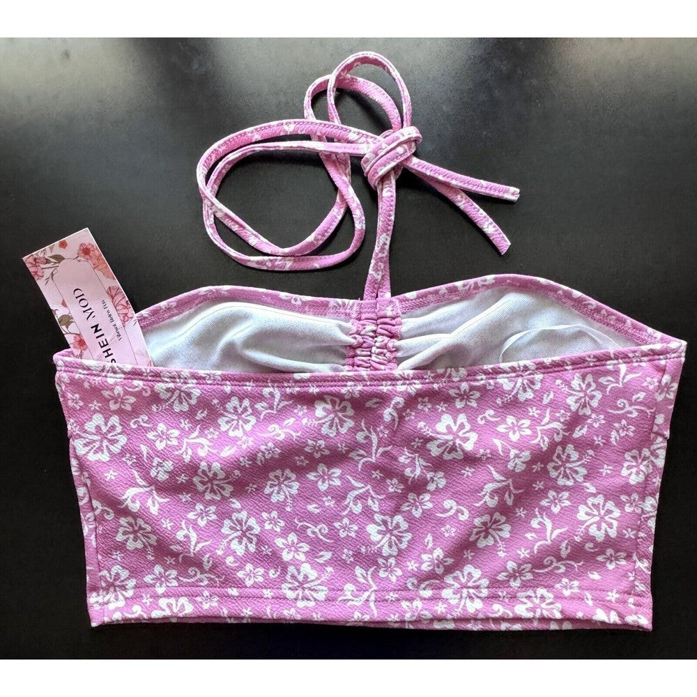 Shein Pink with White flowers Tie Crop Top Halter Size Medium (6)