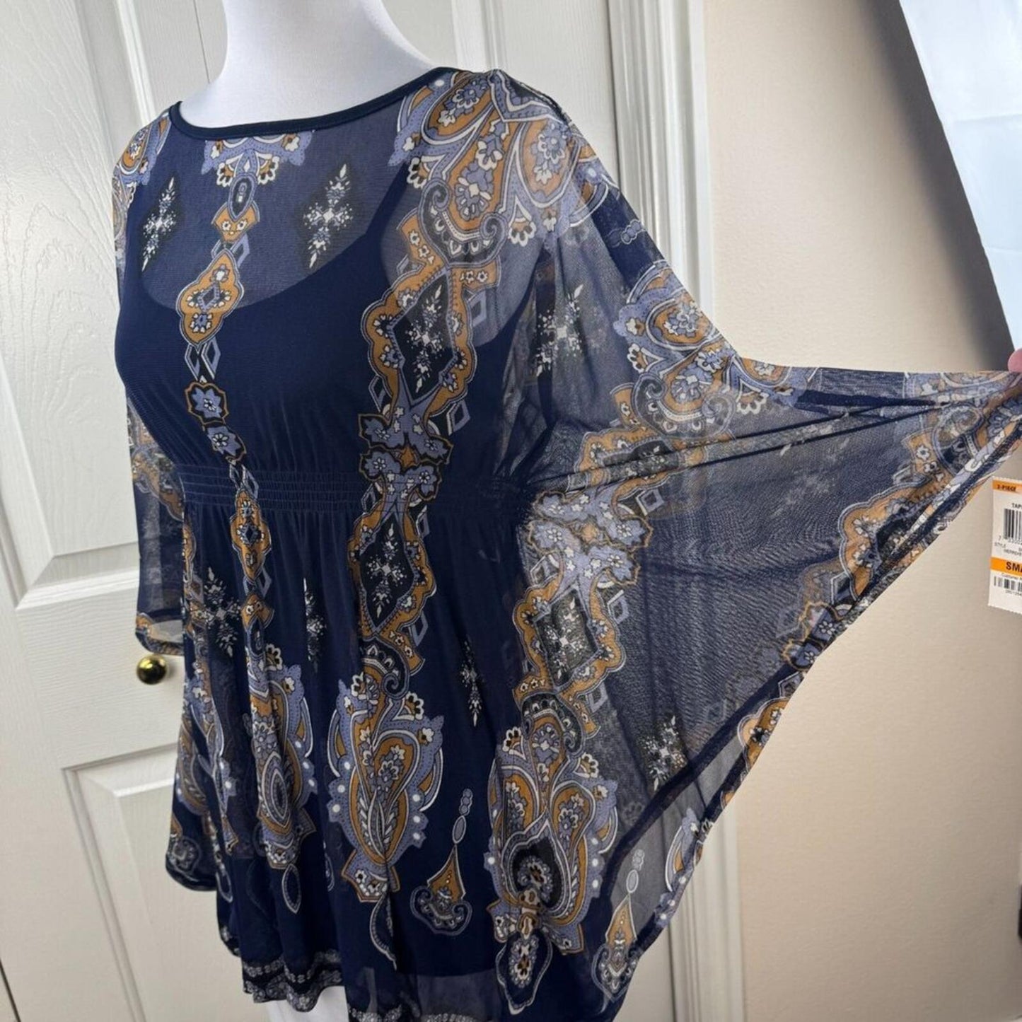 INC International Concepts S Blue Mesh Tunic Top NWT 2 Pc Lined Batwing Boho