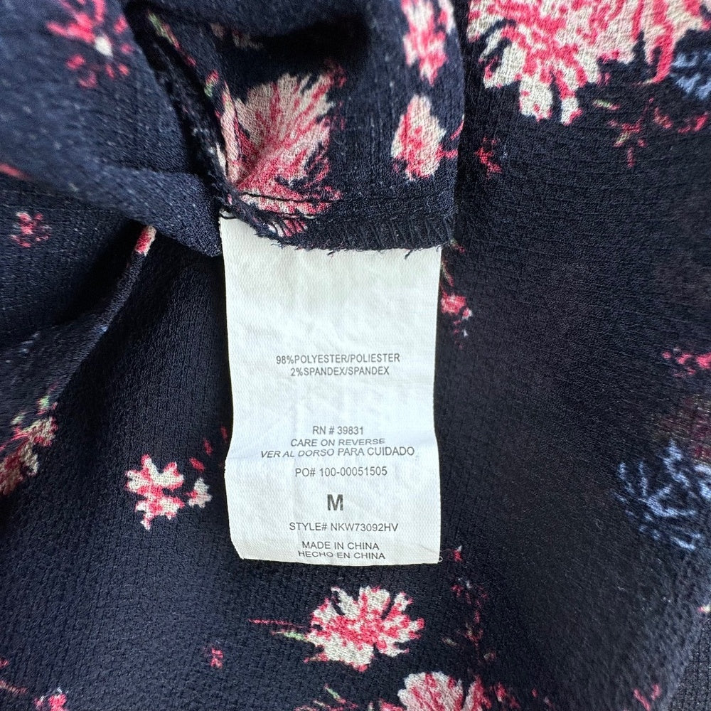 Rewind Top Women Sz Medium Sheer Navy Blue floral print Round Neck Off Shoulder