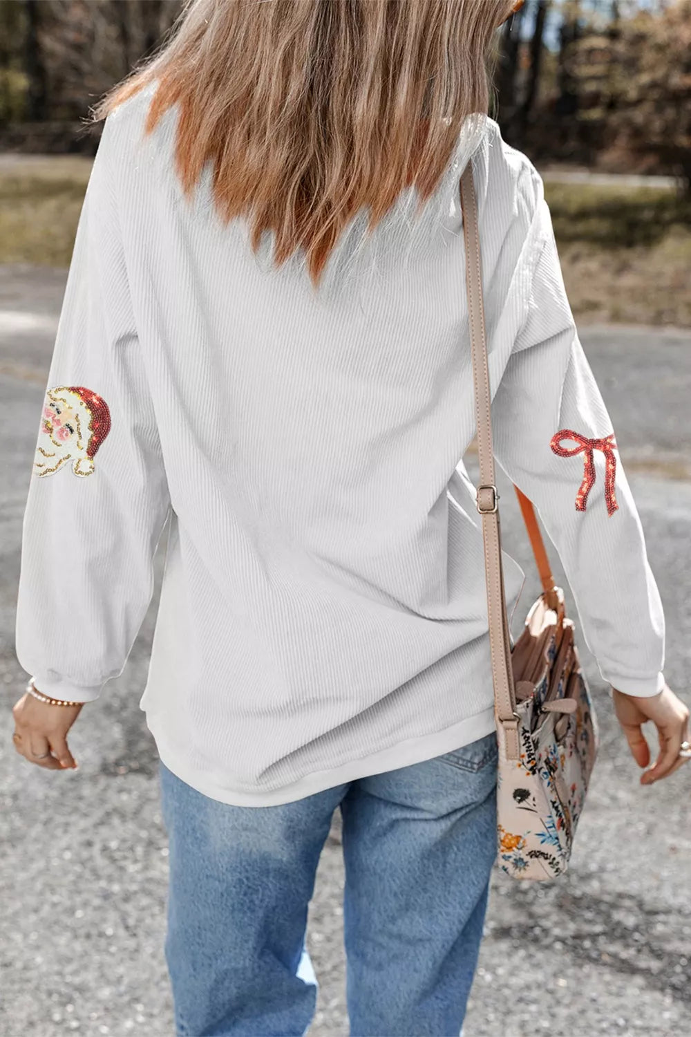 Simply Love Women's Christmas Santa & Red Bow Sequin Sweatshirt