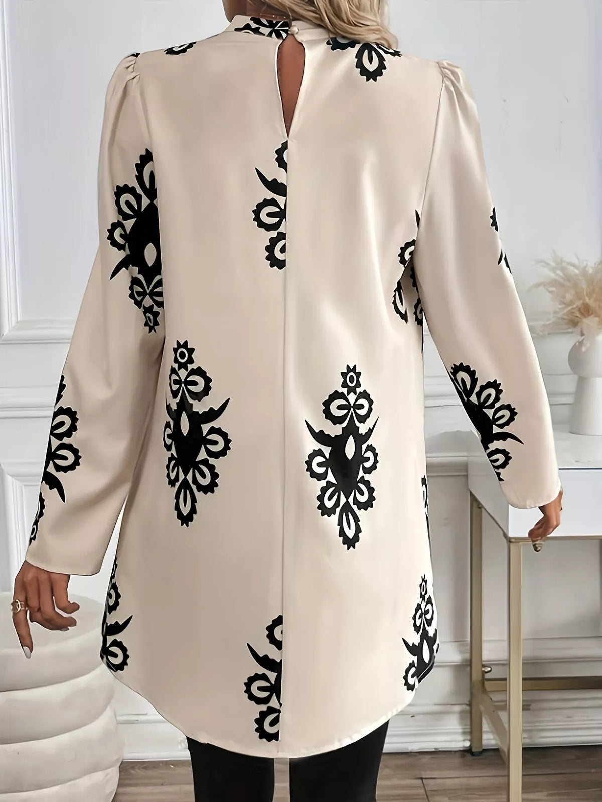 Simply Love Women's Cream & Black Ornamental Print Long Sleeve Blouse