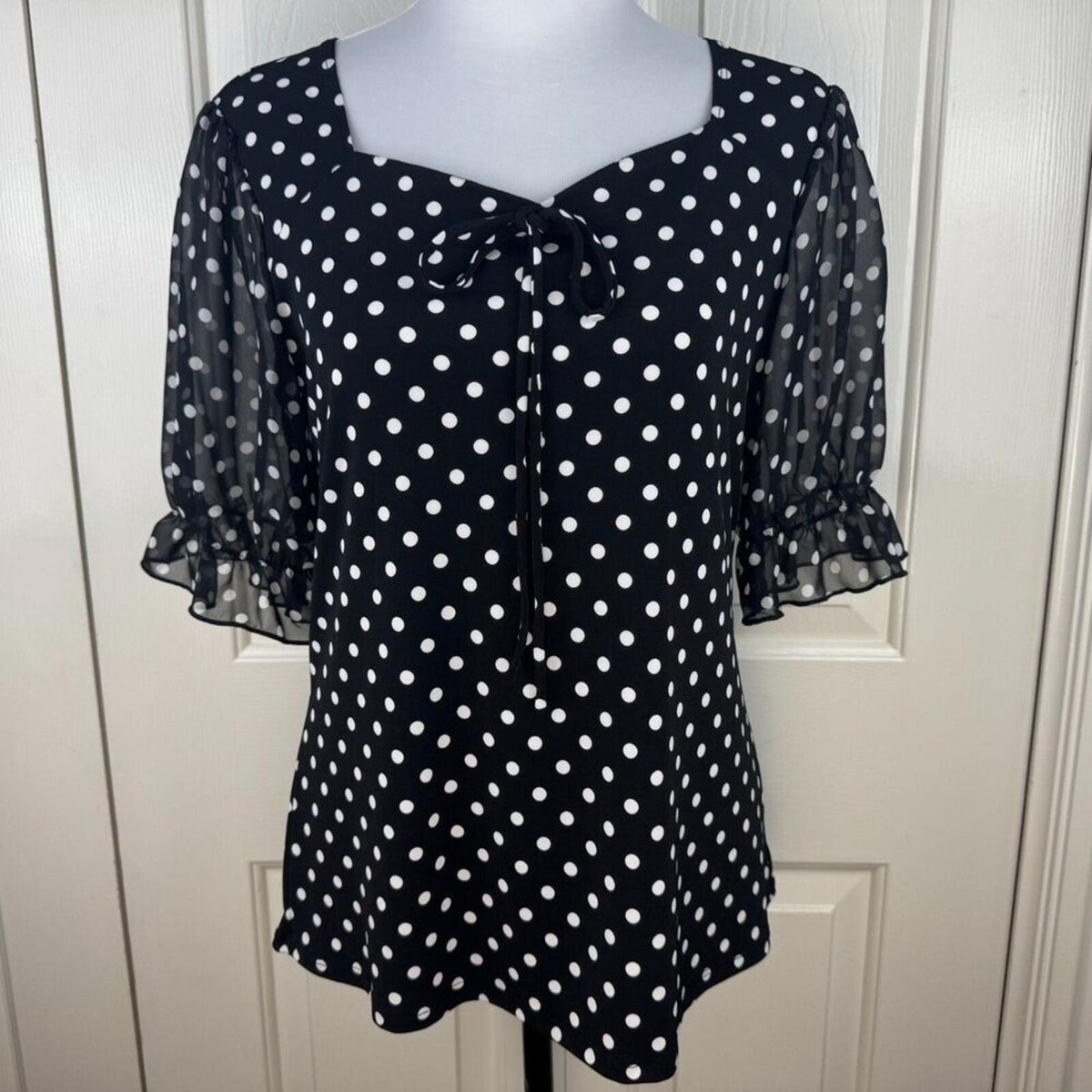 Adele & May Women Blouse Sz S Polka Dot Sweetheart Neck Sheer Balloon Sleeve