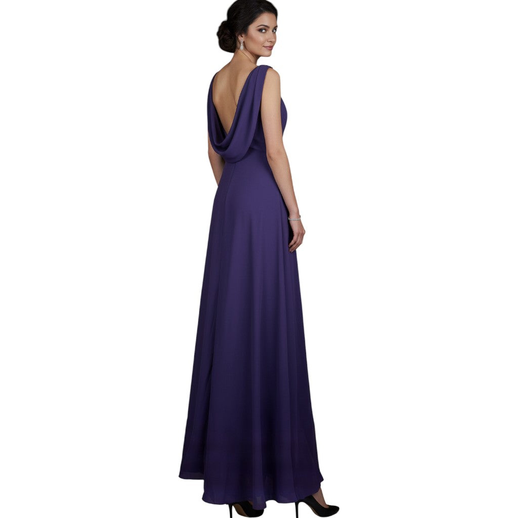 Back view of a purple Rhapsody formal gown on a model featuring a draped cowl back