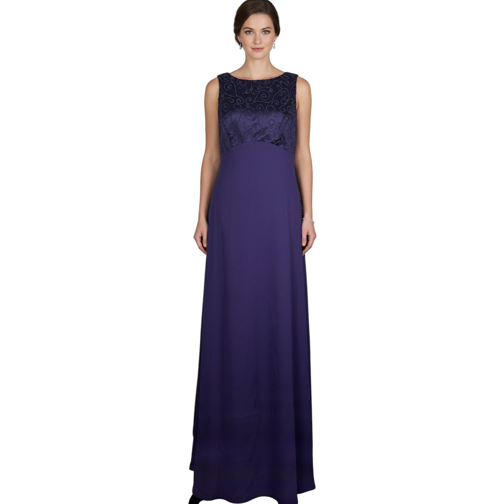 Front view of a purple Rhapsody formal grown on a model with beaded bodice and long skirt