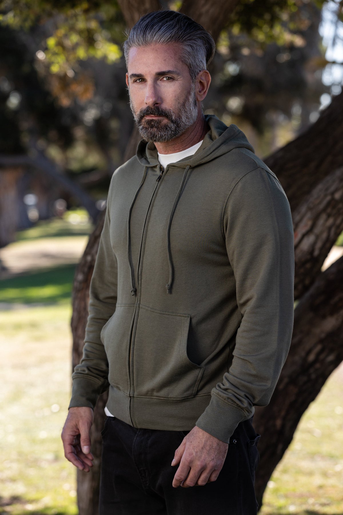 Men's Spun Bamboo Eco-Smart olive green full-zip hoodie with drawstring hood, long sleeves and front kangaroo pockets.