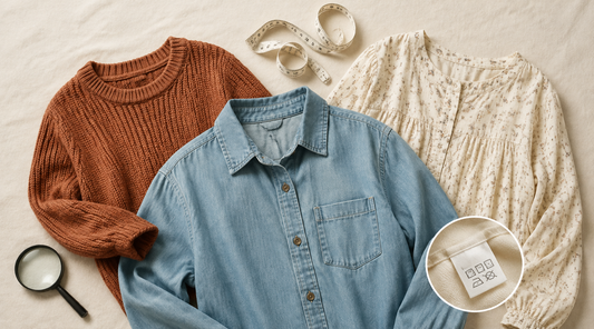 Pre-owned clothing with a measuring tape, magnifying glass, and fabric care label