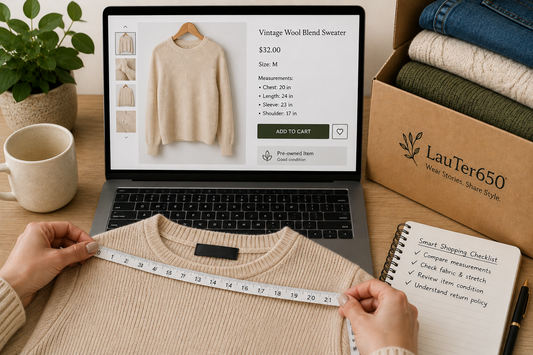 Measuring a pre-owned sweater while shopping for clothing online