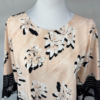 Alfani Women Sz PS Asymmetrical Top Floral Print Crochet Trim Round 3/4 sleeve