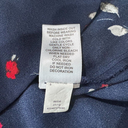 Elle Women Sz S Blouse Navy Floral Hi Neck Tie Keyhole Back Sleeveless