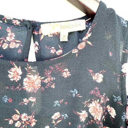 Rewind Top Women Sz Medium Sheer Navy Blue floral print Round Neck Off Shoulder