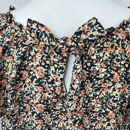 LC Lauren Conrad Top Women Sz L Black Multi Floral Pleated Round Neck Tie Back