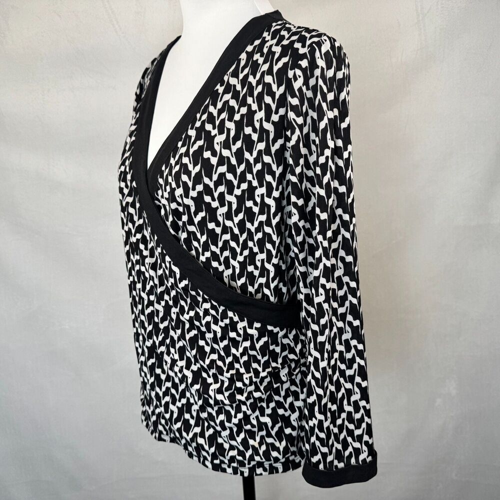 Charter Club Top Sz  XL Black Silver Print Faux Wrap Mesh Long Sleeve Black Trim