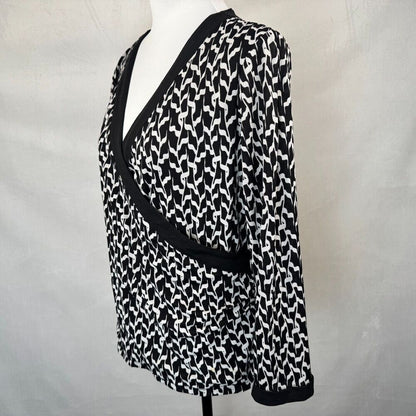 Charter Club Top Sz  XL Black Silver Print Faux Wrap Mesh Long Sleeve Black Trim