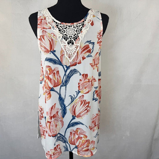 Lauren Conrad Women Sz S Ivory Tank Tunic Floral Print Crochet Neck Sleeveless