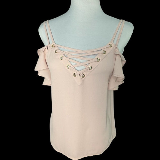 Express Top Sz XS Straps Grommets VNeck Ruffle Cold Shoulder Pullover Dusty Pink