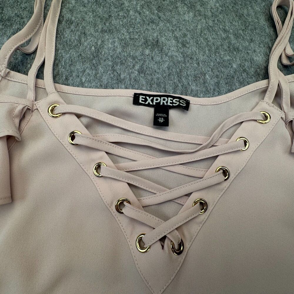 Express Top Sz XS Straps Grommets VNeck Ruffle Cold Shoulder Pullover Dusty Pink