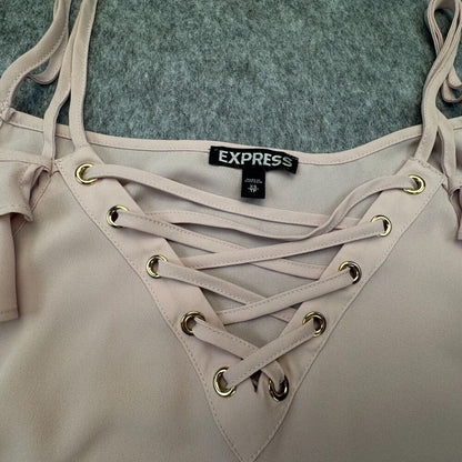 Express Top Sz XS Straps Grommets VNeck Ruffle Cold Shoulder Pullover Dusty Pink