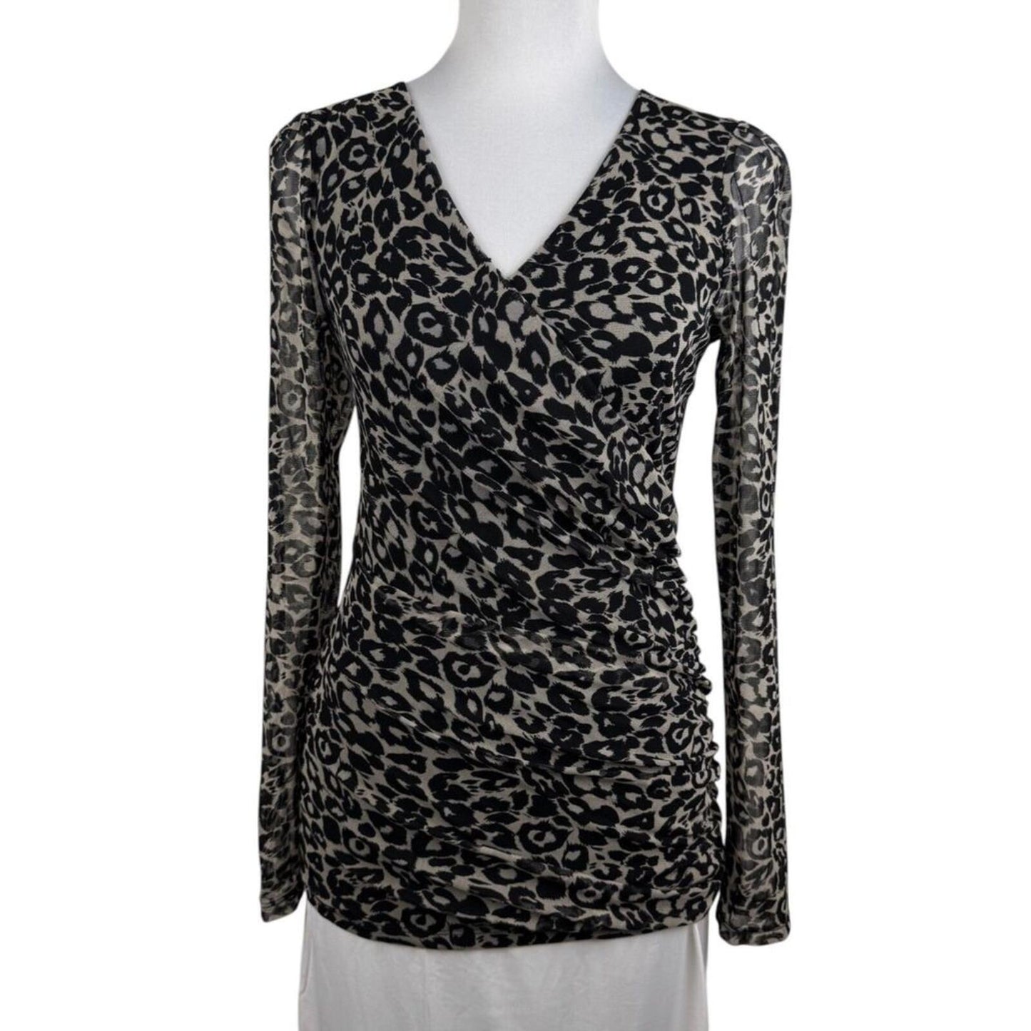 INC International Concepts Women M Top Ruched Mesh Animal Print Faux Wrap Neck