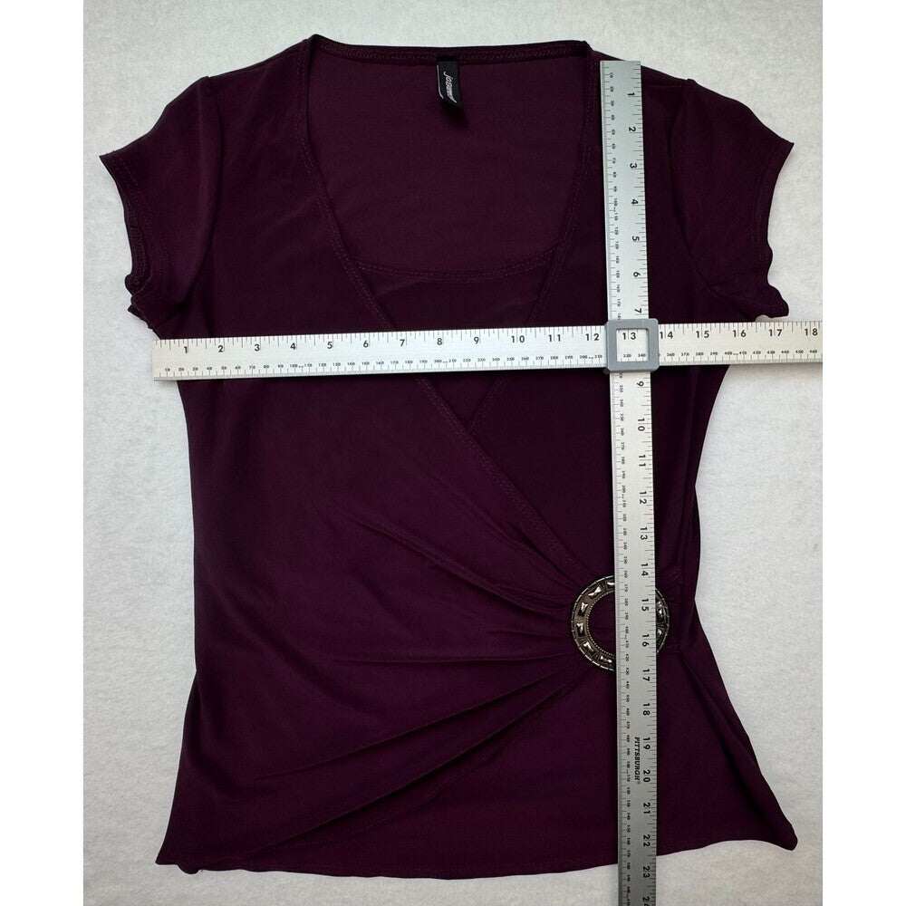 Jason Maxwell Blouse Sz M Purple Surplice Round Neck Short Sleeve Decor Buckle