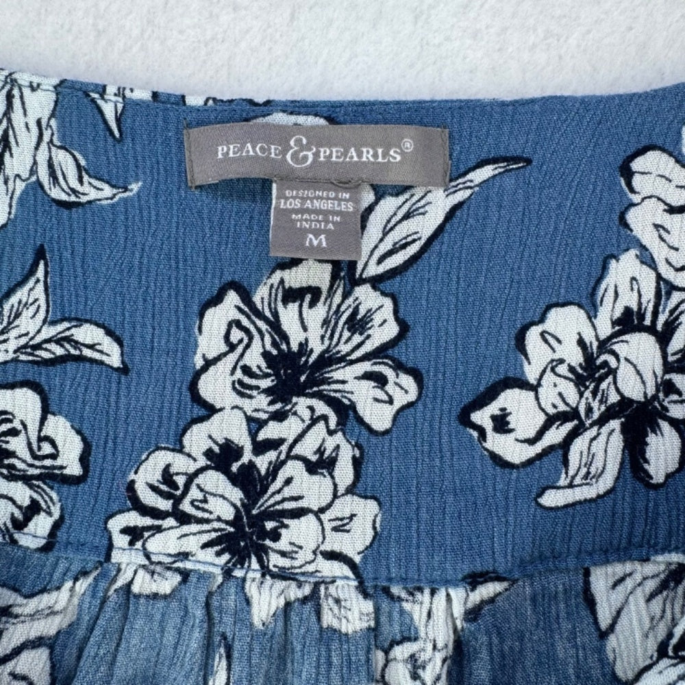 Blusa Peace & Pearls para mujer, talla grande, azul y negra, cuello en V, abotonada, manga corta