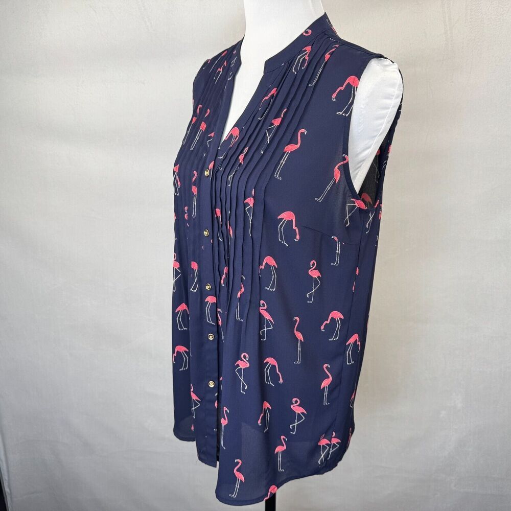 Charter Club Top Sz M Blue Pink Print Split Neck Pleated Button Up Sleeveless