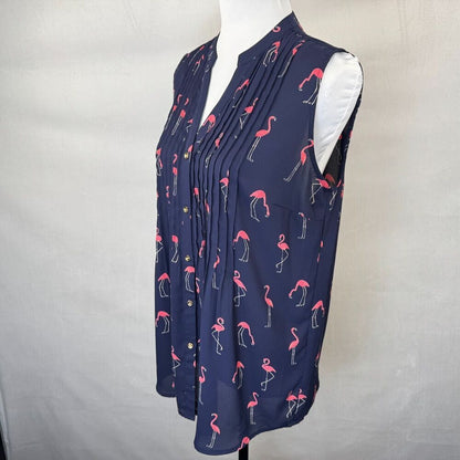 Charter Club Top Sz M Blue Pink Print Split Neck Pleated Button Up Sleeveless
