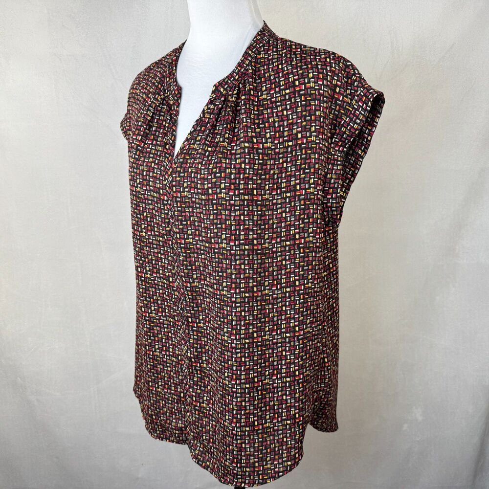 Pleione Women Sz S Black Multicolor Print High-Low Split-Neck Cuffed Cap Sleeve