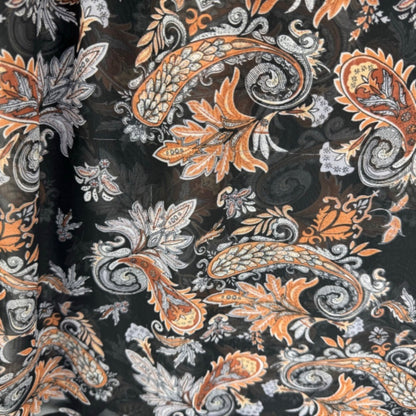 Daniel Rainn Ladies Blouse Sz L Sheer Black Tan Gray paisley Lace neckline