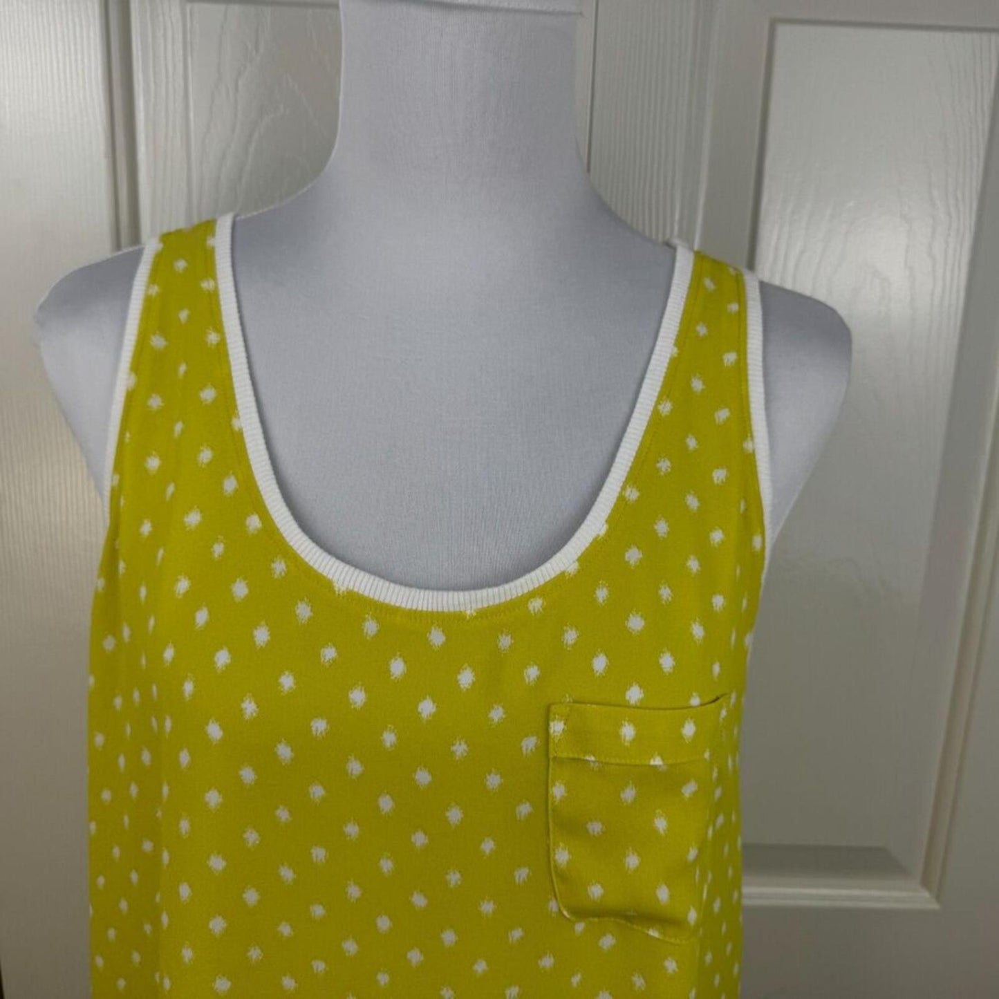 LOFT Women Sheer Top Sz S Yellow and White Polka Dots Sleeveless Knit Trim