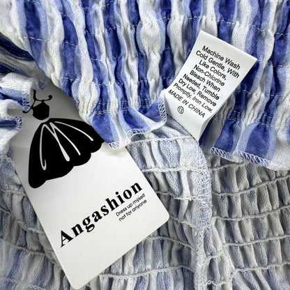Angashion Smocked Tube Top Blue and white stripes Ruffle Trim Size Medium