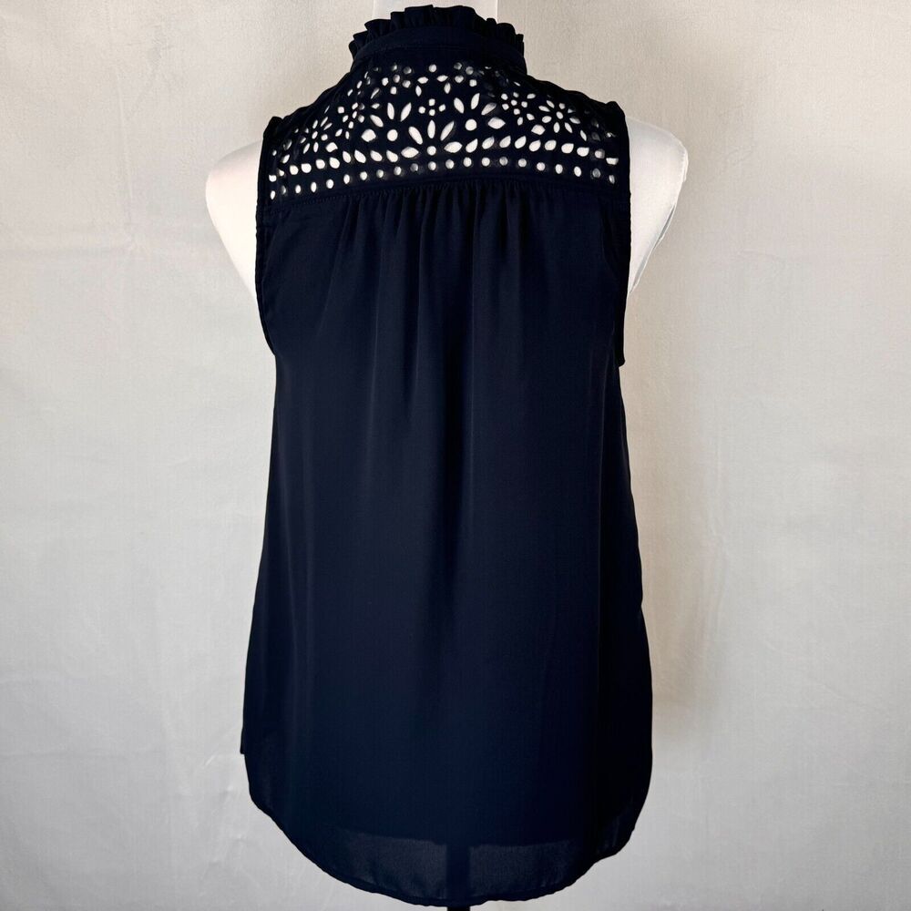 Maeve Blouse Sz 2 Navy Laser Cut Tie Neck Sleeveless