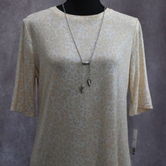 Nine West Top Sz S White Beige Animal Print Elbow Length Sleeves Crew Neck NWT