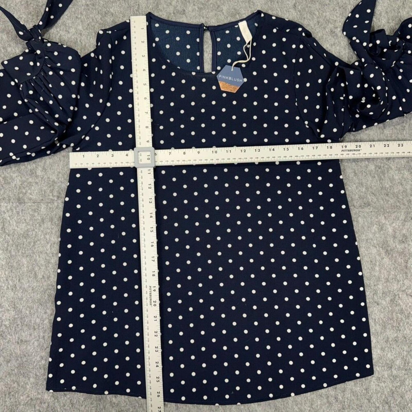 PinkBlush NWT Top Women Sz S Navy Polka Dot Crew Neck Long Slit Sleeve Bow Cuff