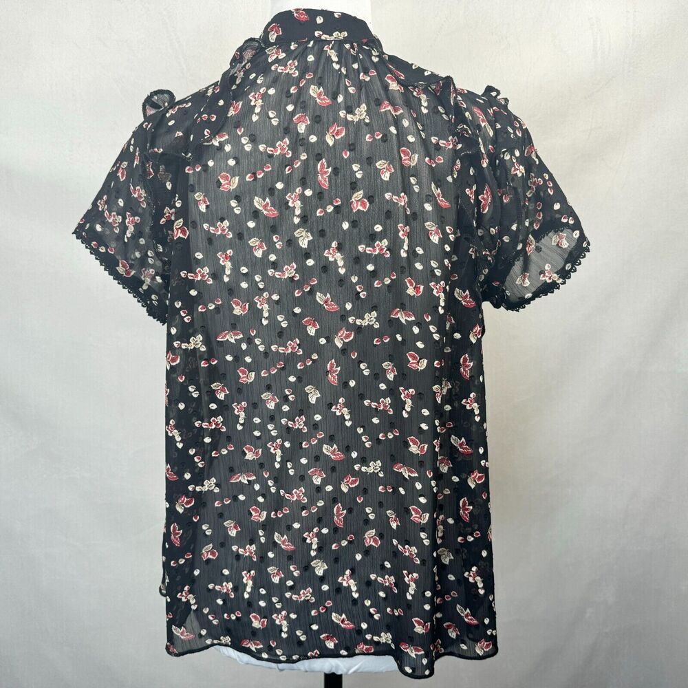 Bishop and Young Sz S Black Sheer Floral Top V-Neck Crochet and Ruffle Trim