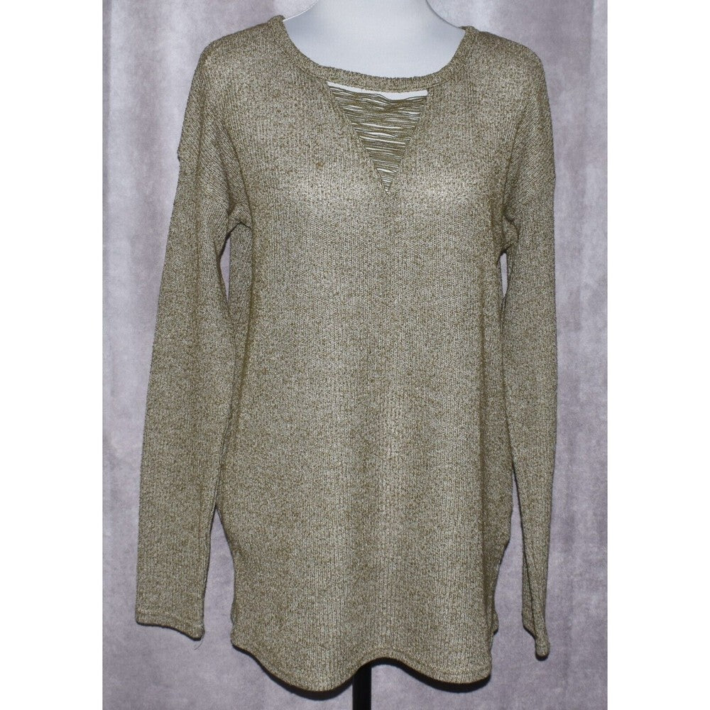 A long-sleeve knit tunic top in a heathered olive green and beige color, displayed on a mannequin torso against a textured gray backdrop.