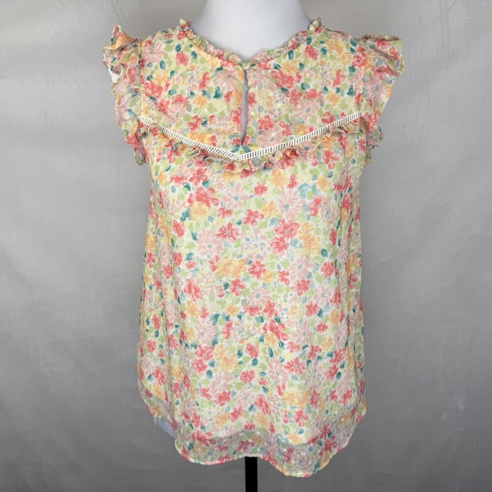 LC Lauren Conrad Top Sz XS Sheer Ivory Floral Ruffled Crew Neck Front Keyhole