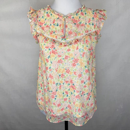 LC Lauren Conrad Top Sz XS Sheer Ivory Floral Ruffled Crew Neck Front Keyhole