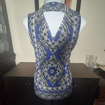 INC Women Top Sz S Blue Black VNeck Sheer Mesh Cutout Tank Top Layered Sleeveles