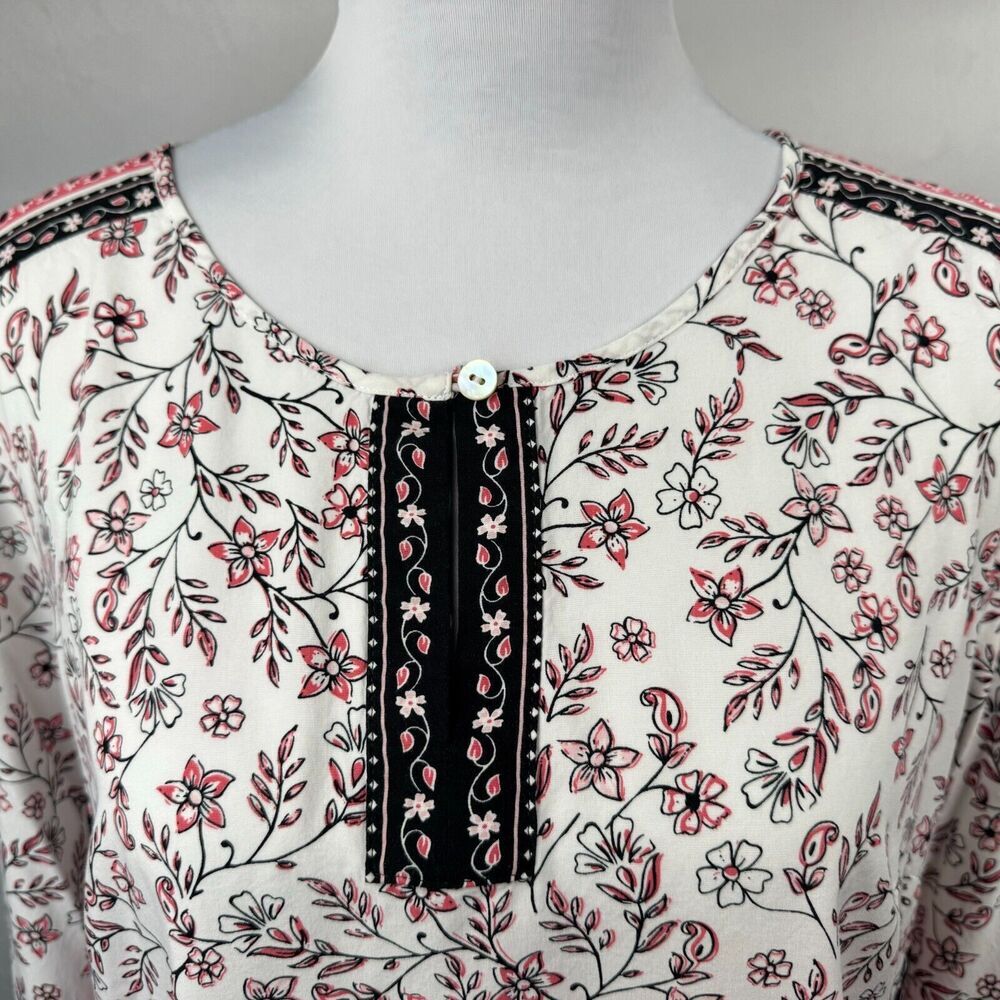 J. Jill Women Sz M Tunic White Floral Print Border Split Neck Long Sleeve