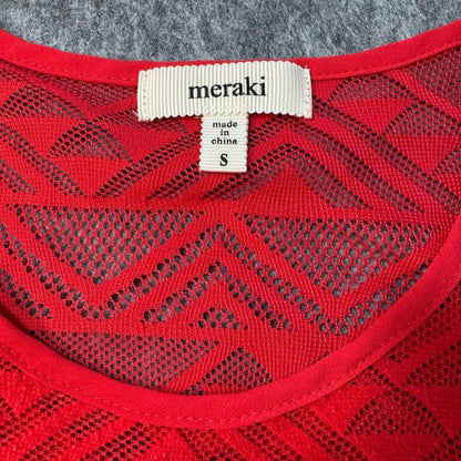 Meraki Womens Blouse Sz S Sheer Red Aztec Mesh Short Sleeve Crew Neck Pullover
