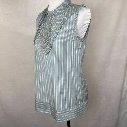 BCBGMaxAzria Top Sz S Crew Pleated Bib Style Neckline Striped Blue Brown Zipper