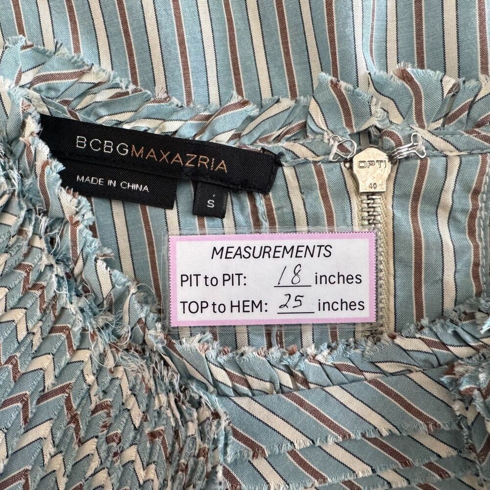 BCBGMaxAzria Top Sz S Crew Pleated Bib Style Neckline Striped Blue Brown Zipper
