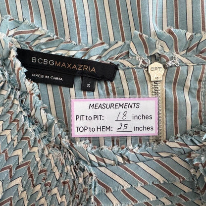 BCBGMaxAzria Top Sz S Crew Pleated Bib Style Neckline Striped Blue Brown Zipper
