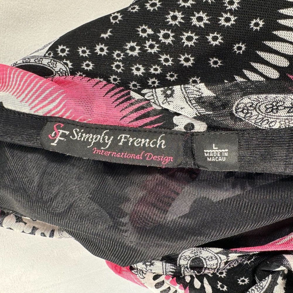 Simply French Blouse Sz L Black Pink Round Neck Ruffle Layered Short Sleeve