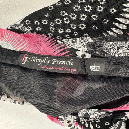 Simply French Blouse Sz L Black Pink Round Neck Ruffle Layered Short Sleeve