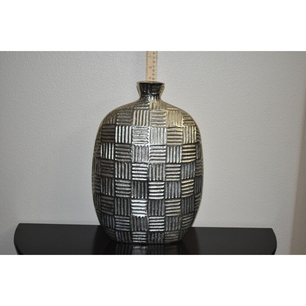 Geometric Textured Oval Metal Vase Silver Gray 15" Modern Home Decor Made in India
