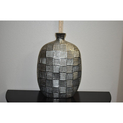 Geometric Textured Oval Metal Vase Silver Gray 15" Modern Home Decor Made in India