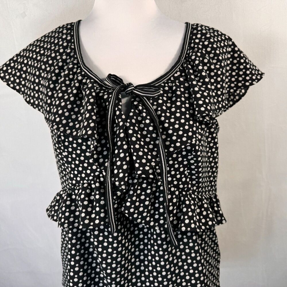 Max Studio Ladies Blouse Sz M Ruffle Polka Dot Bow Tie Flutter Round Neck