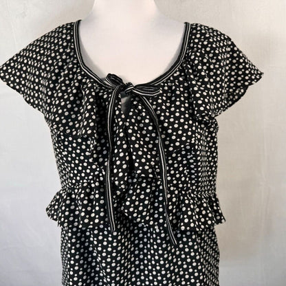 Max Studio Ladies Blouse Sz M Ruffle Polka Dot Bow Tie Flutter Round Neck