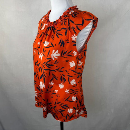 Daniel Rainn Top Sz 8 Pullover Keyhole Orange Floral Print Ruched Neckline